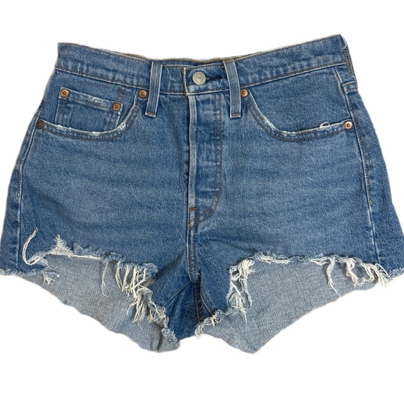 Levi’s 501 Distressed High-Rise Denim Shorts - Blue - Picture 3 of 9